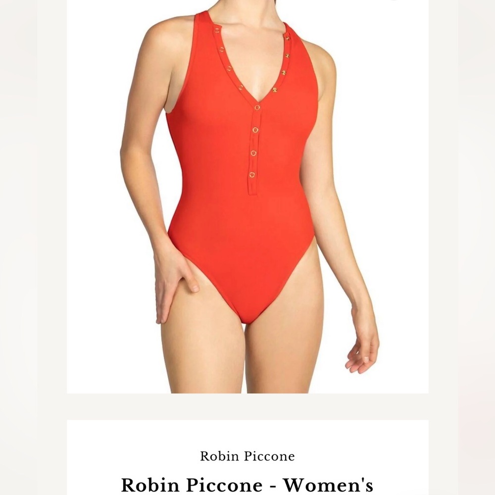 Robin Piccone Amy High Neck Orange-Red V-Neck One-Piece Swimsuit